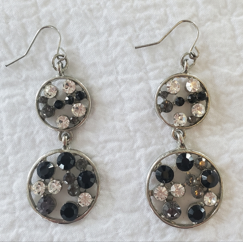 Circle Dangle Earrings In Silver Tone With White, Grey and Black Rhinestone Gems